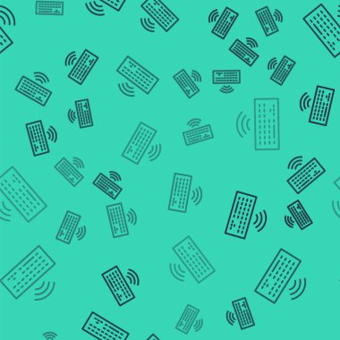 Siyah çizgi kablosuz bilgisayar klavye simgesi yeşil arkaplanda izole edilmiş kusursuz desen. Bilgisayar bileşeni işareti. İnternet kavramının kablosuz bağlantısı. Vektör.