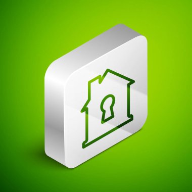 Yeşil arka planda izole edilmiş Isometric Line House koruma simgesi altında. Ev ve kalkan. Koruma, güvenlik, güvenlik, koruma, savunma konsepti. Gümüş kare düğme. Vektör.