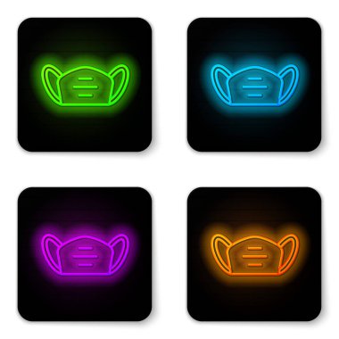 Parlayan neon hattı tıbbi koruyucu maske simgesi beyaz arka planda izole edildi. Siyah kare düğme. Vektör..