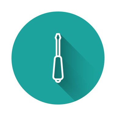 Beyaz çizgi tornavida simgesi uzun gölgeli izole edildi. Servis aracı sembolü. Yeşil daire düğmesi. Vektör.