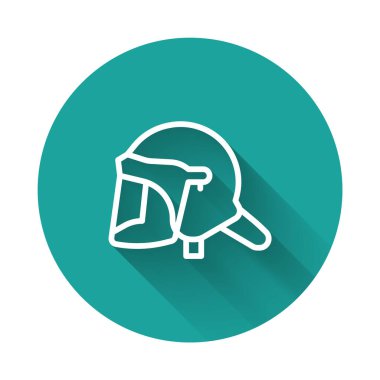 Beyaz çizgi polis miğferi ikonu uzun gölgeli. Askeri miğfer. Yeşil daire düğmesi. Vektör.