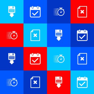 Disket yedeklemesini, işaretli takvimi, Stopwatch 'ı ve dosya simgesini sil. Vektör.