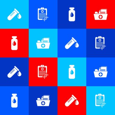 Test tüpünü bir damla kan, pano DNA analizi, tıbbi şişe, ampul ve sağlık kayıt ikonu ile ayarla. Vektör.