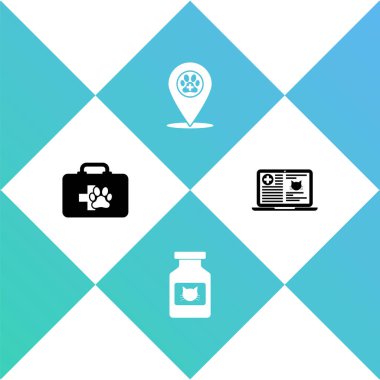 Evcil hayvan ilk yardım çantası, kedi ilacı şişesi, konum veterineri ve klinik kayıt dizüstü bilgisayarı ikonu. Vektör.