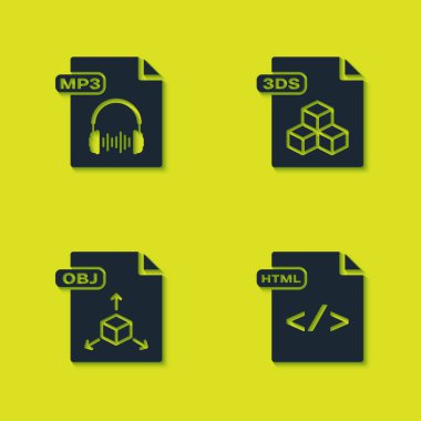 MP3 dosya belgesini, HTML, OBJ ve 3DS simgesini ayarla. Vektör.