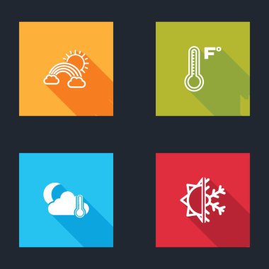 Gökkuşağını bulutlu ve güneşli ayarla, Meteoroloji termometresi, termometre bulutu, ay ve güneş kar tanesi ikonu. Vektör.