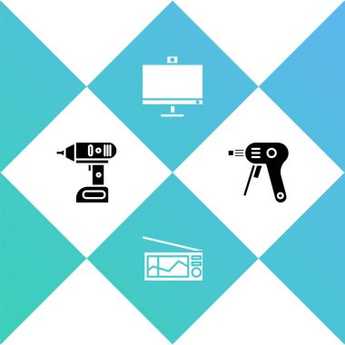 Elektrik kablosuz tornavida, radyo, bilgisayar monitörü ve sıcak tutkal tabancası simgesini ayarla. Vektör.