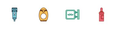 Elektrikli saç makası ya da tıraş makinesi, bir şişe şampuan, berber dükkanı, sakal ve bıyık bakım şişesi ikonu. Vektör.