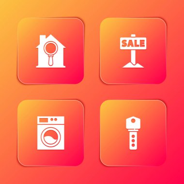 Arama evini ayarlayın, Sale, Yıkama ve Ev anahtar ikonu ile asılma işareti yapın. Vektör.