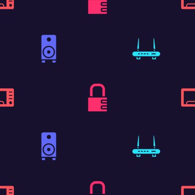 Router ve wi-fi sinyalini ayarla, Stereo hoparlörü, güvenli kilit ve mikrodalga fırını kusursuz desene al. Vektör.