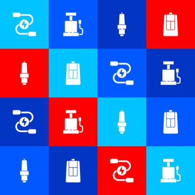 Araba aküsünün şarj kablosunu, hava pompasını uzaktan kumandalı buji ve anahtarı ayarlayın. Vektör.