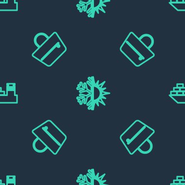 Güneş ve kar tanelerini, el çantasını ve kargo gemisini düzgün bir şekilde ayarlayın. Vektör.