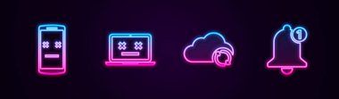 Hattı kurun. Ölü cep telefonu, laptop, Cloud sync resh ve Bell. Parlayan neon ikonu. Vektör.