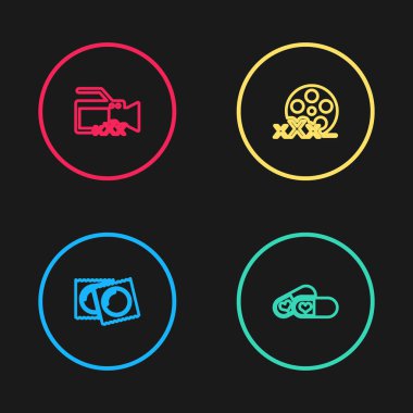 Prezervatifleri pakete koy, iktidar hapı, Seks ve Video kamera ikonlu film makarası. Vektör.