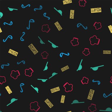 Mutfak kepçesi, süzgeç, köpüklü sünger ve şefin şapkası kusursuz desenli. Vektör.