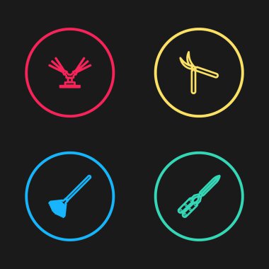 Yapraklar için bahçe tırmığı, el yapımı makas ve otomatik sulama ikonu koyun. Vektör.