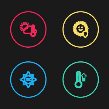 Çizgi UV koruması, Meteoroloji termometresi, ve termometre ve bulut, güneş ikonu. Vektör.