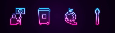Doğa koruma protestosu, çöp tenekesi, Dünya 'yı tutan el küresi ve tek kullanımlık plastik kaşık. Parlayan neon ikonu. Vektör.