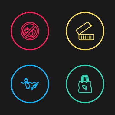 Okyanus kirliliği, geri dönüşümlü alışveriş torbası, beslenme çantası ve çöp ikonu yok. Vektör.