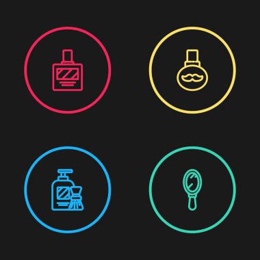Jel köpük ve fırça, el aynası, sakal bıyığı bakım şişesi ve tıraş losyonu ikonu. Vektör.