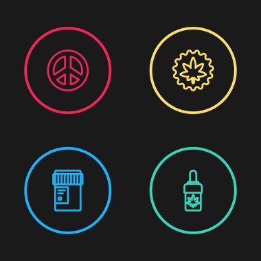 Kenevir, marihuana, zeytinyağı, yaprak ve barış ikonu içeren tıbbi bir şişe hazırla. Vektör.