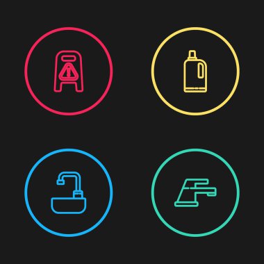 Lavaboyu su musluğu, su, kumaş yumuşatıcı ve ıslak zemin ve temizlik süreci ikonu ile ayarla. Vektör.