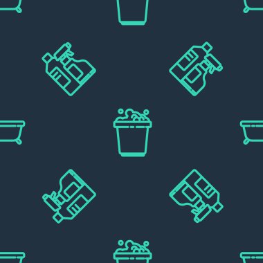 Kova 'yı sabun köpüğüyle, şişe temizleyiciyi ve küveti kusursuz bir şekilde ayarla. Vektör.