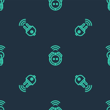 Robot elektrik süpürgesini, akıllı elektrik prizini ve ampulü kusursuz desene ayarlayın. Vektör