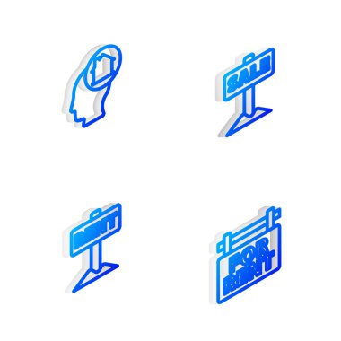 Satılık İsometric Line tabelasını ayarla, Ev almayı hayal eden adam, Kira ve İkona. Vektör