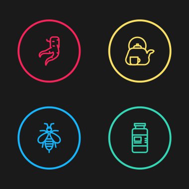 Bee, Collagen serumu, fincanlı çaydanlık ve zencefil kökü ikonu. Vektör