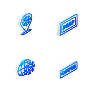 Isometric Line sabun çubuğu, Corona virüsü 2019-nCoV 'u konum, dünya küresi ve covid-19 ikonu ile ayarla. Vektör