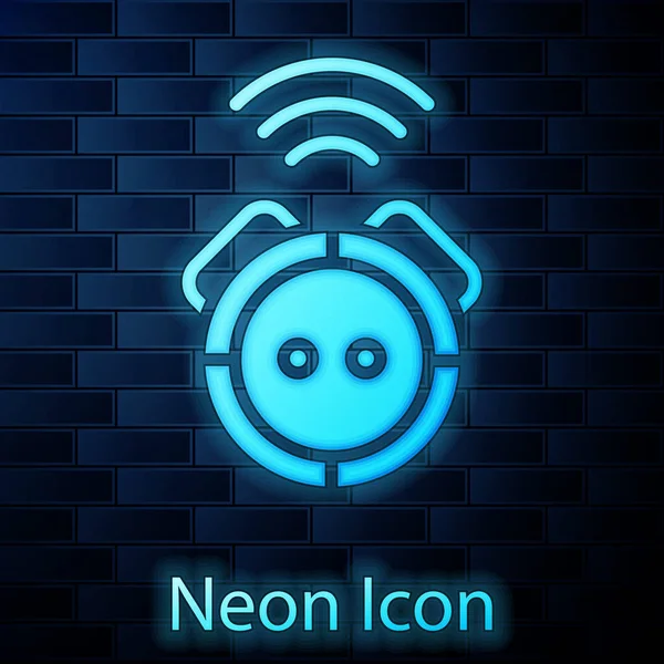Brilhante Neon Robot Vácuo Ícone Aspirador Isolado Fundo Parede Tijolo — Vetor de Stock