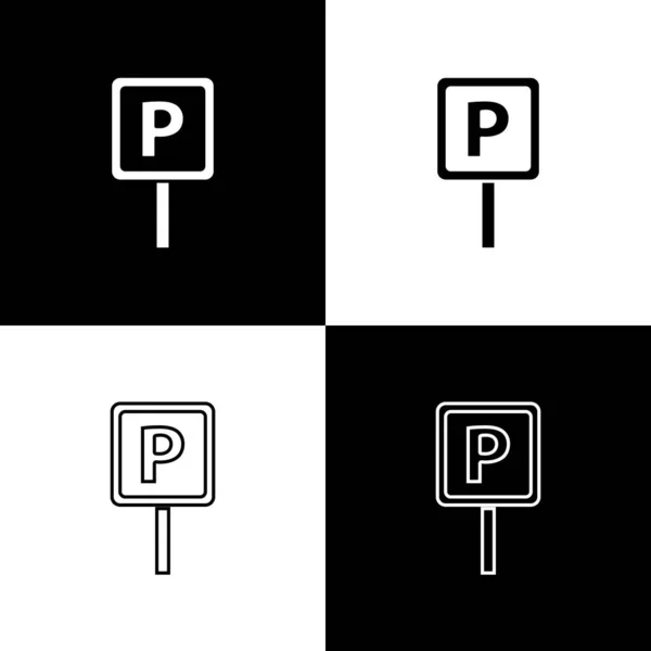 Set Parking Icon Isolated Black White Background Street Road Sign — Stock Vector