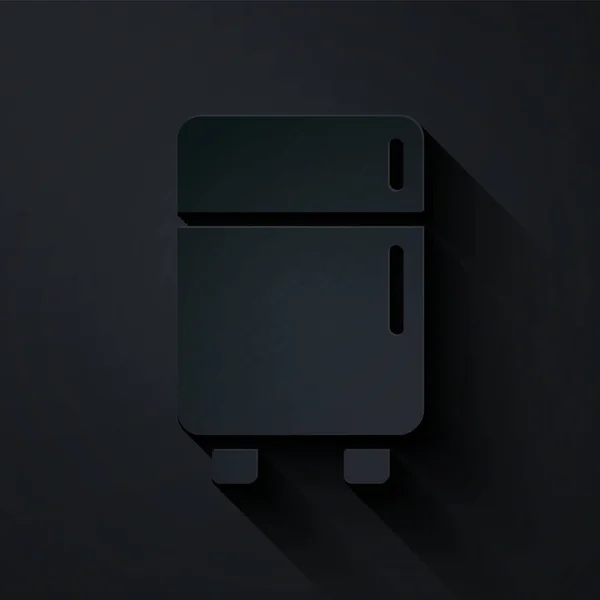 ペーパーカット黒の背景に隔離された冷蔵庫のアイコン 冷蔵庫の冷蔵庫 家庭用技術や家電製品 紙のアートスタイル ベクトル — ストックベクタ