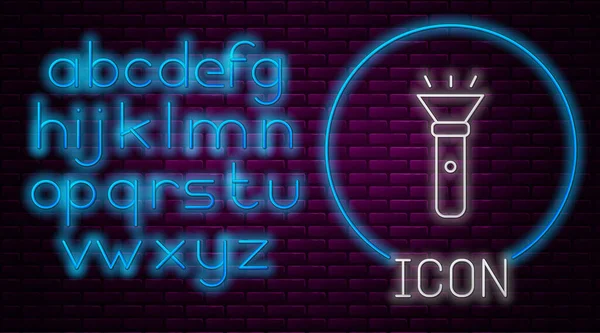 Gloeiende Neon Lijn Zaklamp Pictogram Geïsoleerd Baksteen Muur Achtergrond Neon — Stockvector