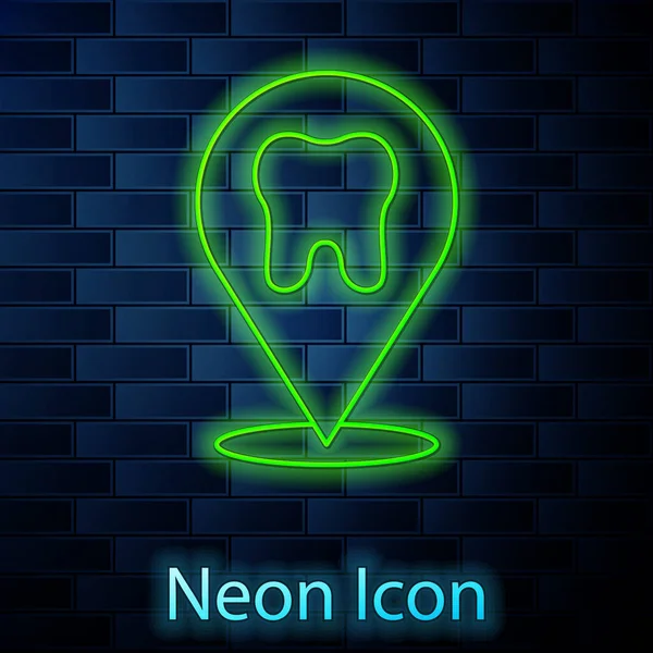 Linea Neon Incandescente Icona Posizione Clinica Dentale Isolato Sfondo Muro — Vettoriale Stock