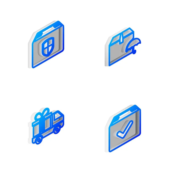 Set Isométrico Paquete Línea Entrega Con Paraguas Caja Escudo Seguridad — Archivo Imágenes Vectoriales