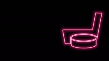Parlayan neon hattı buz hokeyi sopası ve disk ikonu siyah arka planda izole edilmiş. 4K Video hareketli grafik canlandırması