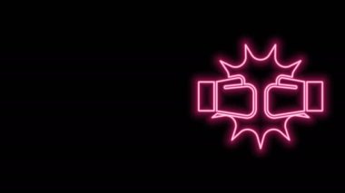 Siyah arka planda izole edilmiş boks eldivenli parlak neon çizgisi yumruğu. Boks eldivenleri patlayıcıyla birbirine çarpıyor. 4K Video hareketli grafik canlandırması