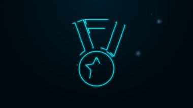 Parlayan neon çizgi simgesi siyah arkaplanda izole edildi. Kazanan başarı işareti. Ödül madalyası. 4K Video hareketli grafik canlandırması