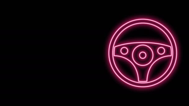 Gloeiende neon lijn Stuurwiel pictogram geïsoleerd op zwarte achtergrond. Autowiel icoon. 4K Video motion grafische animatie — Stockvideo