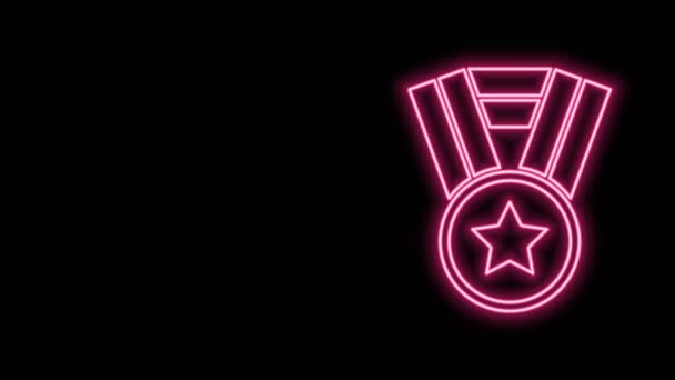 Icona luminosa al neon Medaglia isolata su sfondo nero. Segno di vittoria. Medaglia d'oro. Animazione grafica 4K Video motion — Video Stock