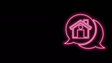 Siyah arka planda izole edilmiş, parlayan neon hattı emlak mesaj evi konuşma balonu ikonu. 4K Video hareketli grafik canlandırması