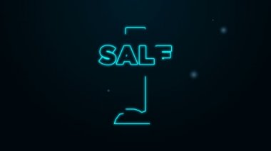 Siyah arkaplanda izole edilmiş metin satışı simgesiyle parlayan neon hattı asılı. Mesaj indirimli tabela. 4K Video hareketli grafik canlandırması