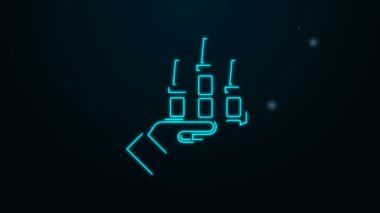 Parlayan neon çizgisi gökdelen simgesi siyah arkaplanda izole edildi. Metropolis mimarisi panoramik manzara. 4K Video hareketli grafik canlandırması