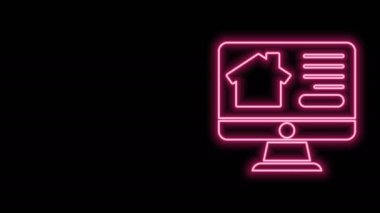 Parlayan neon hattı çevrimiçi emlak evi siyah arka planda izole edilmiş monitör ikonunda. Ev kredisi konsepti, kira, satın alma, mülk alma. 4K Video hareketli grafik canlandırması