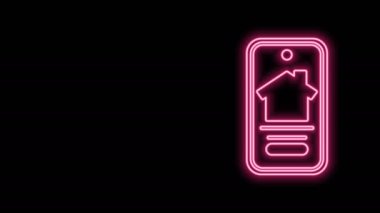 Parlayan neon hattı, siyah arka planda izole edilmiş akıllı telefon ikonundaki online emlak evi. Ev kredisi konsepti, kira, satın alma, mülk alma. 4K Video hareketli grafik canlandırması