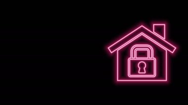 Parlayan neon çizgili ev siyah arka planda izole edilmiş koruma simgesi altında. Eve git ve kilitle. Koruma, güvenlik, güvenlik, koruma, savunma konsepti. 4K Video hareketli grafik canlandırması