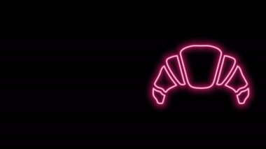 Parlayan neon hattı Croissant simgesi siyah arkaplanda izole edildi. 4K Video hareketli grafik canlandırması
