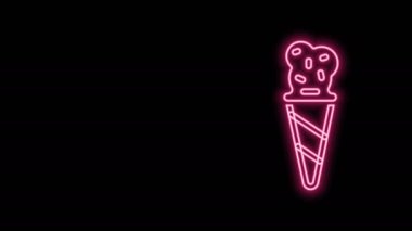 Siyah zemin üzerinde izole edilmiş waffle konisi ikonunda parlayan neon çizgisi dondurma. Güzel sembol. 4K Video hareketli grafik canlandırması